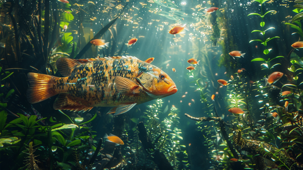 An Oscar fish swims among smaller fish and aquatic plants in a sunlit, underwater environment.