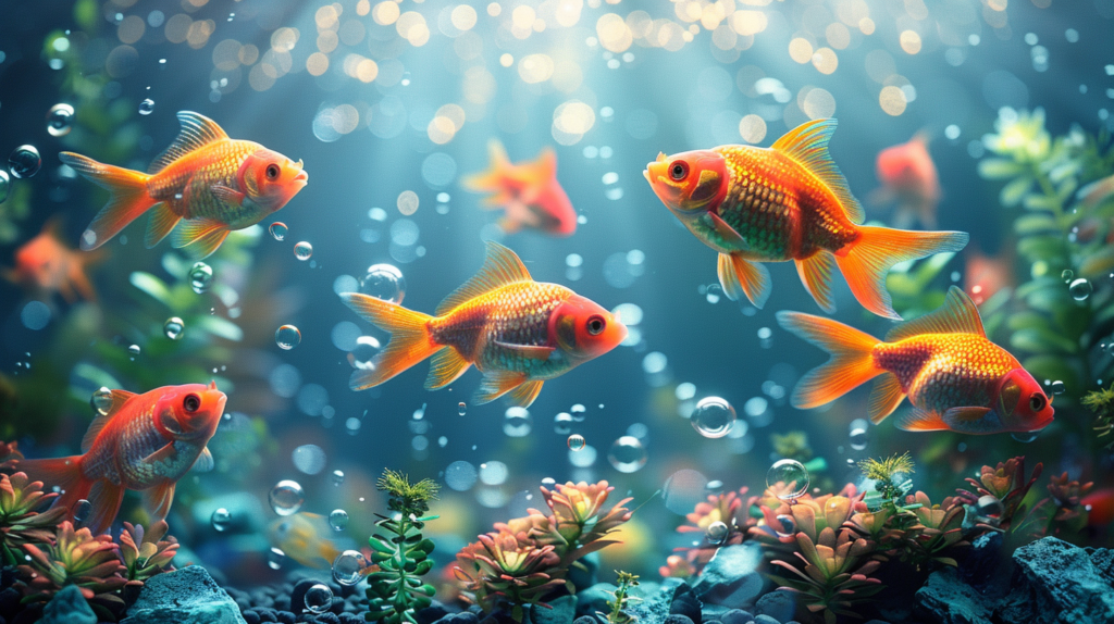 Five goldfish swim among plants and bubbles in a brightly illuminated aquarium, raising the question: can you over oxygenate a fish tank?