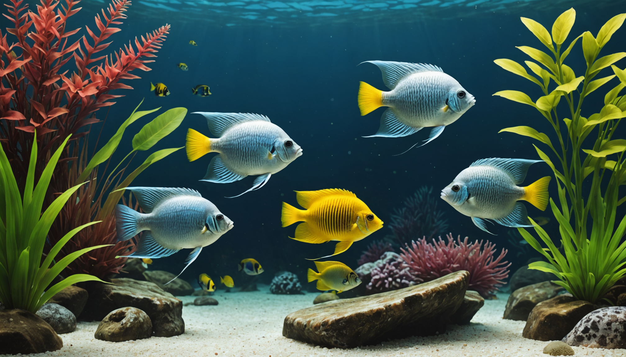 Gouramis gracefully navigate among vibrant plants and rocks in the clear aquarium, seamlessly sharing their aquatic haven alongside angelfish.