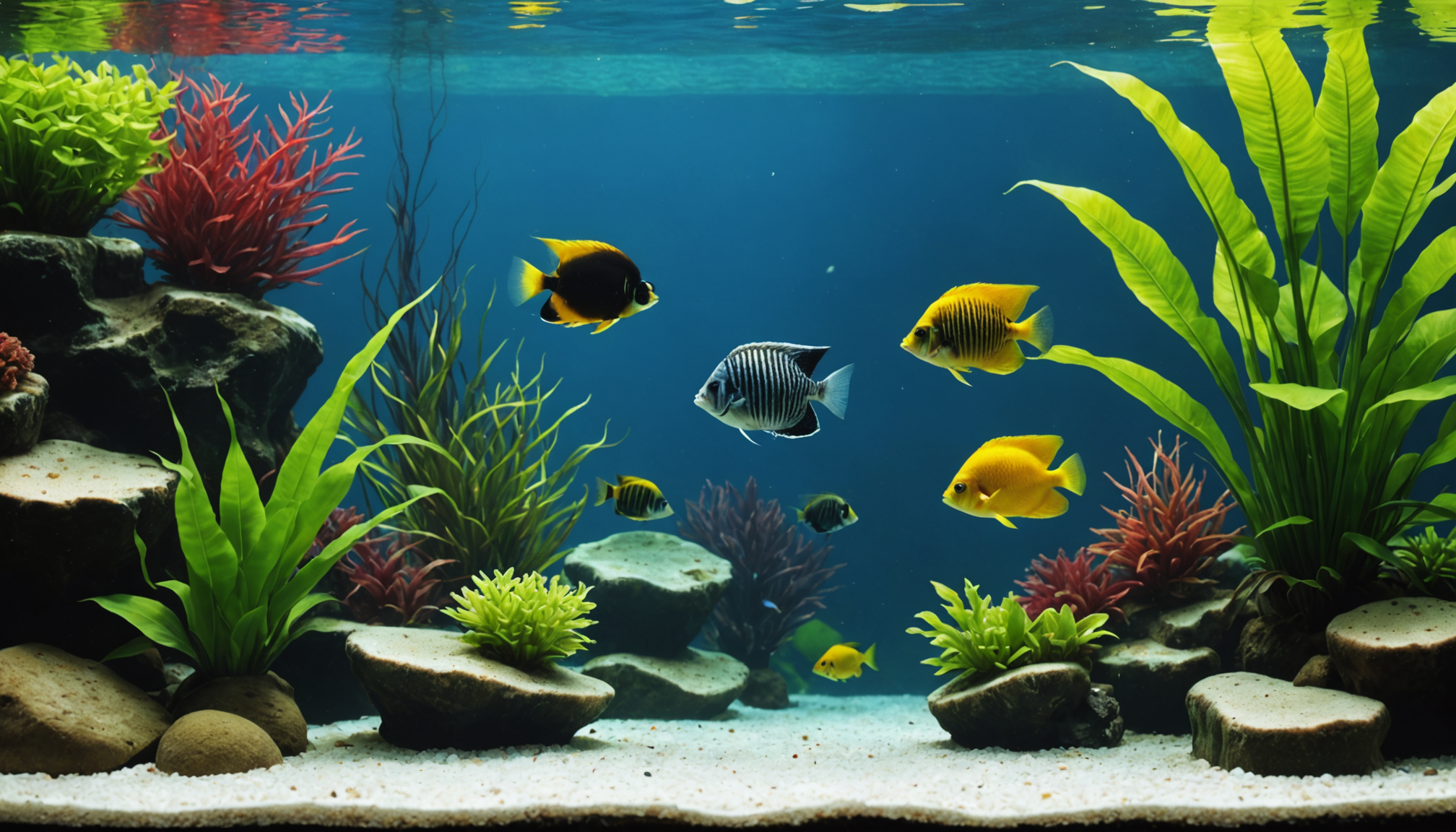 In a vibrant aquarium, colorful fish, including Gouramis and Angelfish, swim gracefully among plants and rocks.