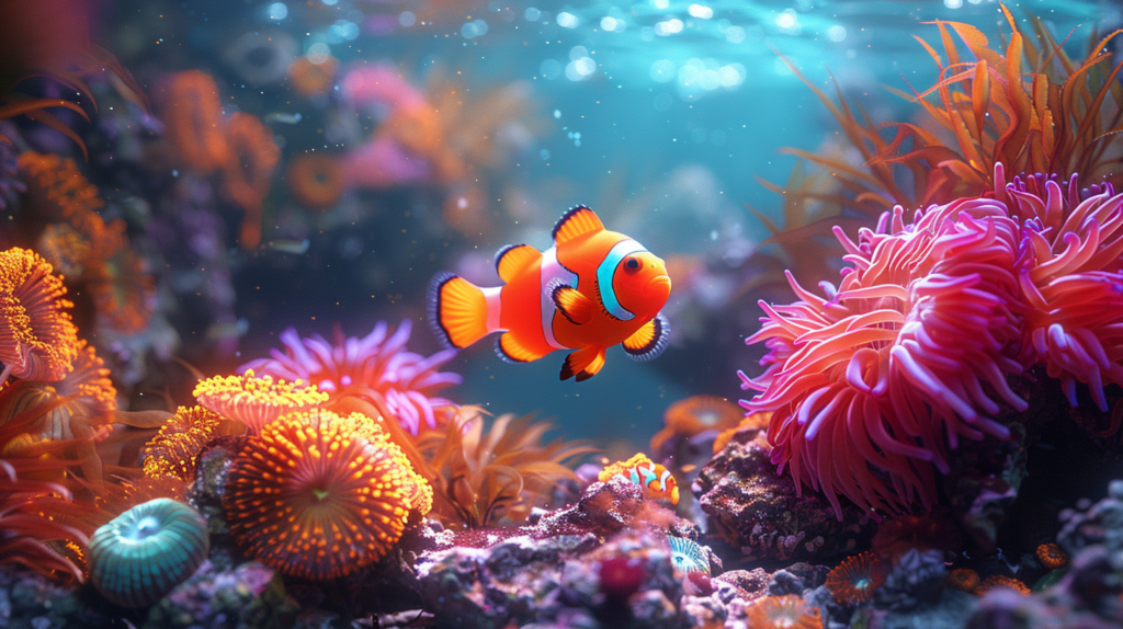 In a vibrant underwater scene, a clownfish swims among colorful coral and sea anemones, illustrating just how much space clownfish need to thrive.