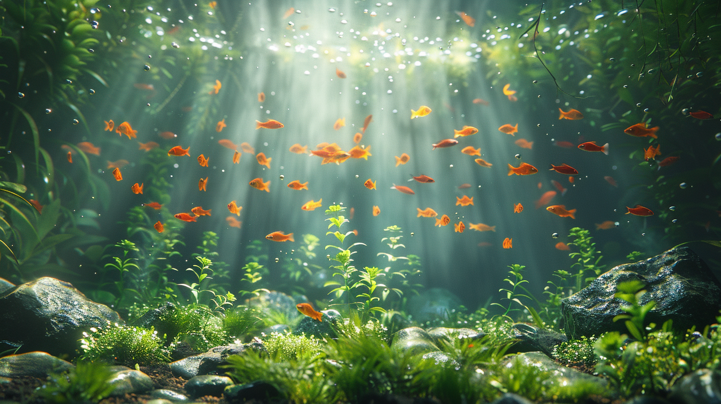 Sunlight shines through water into an aquarium filled with orange fish swimming among green plants and rocks, demonstrating the power of natural filters for fish tanks.