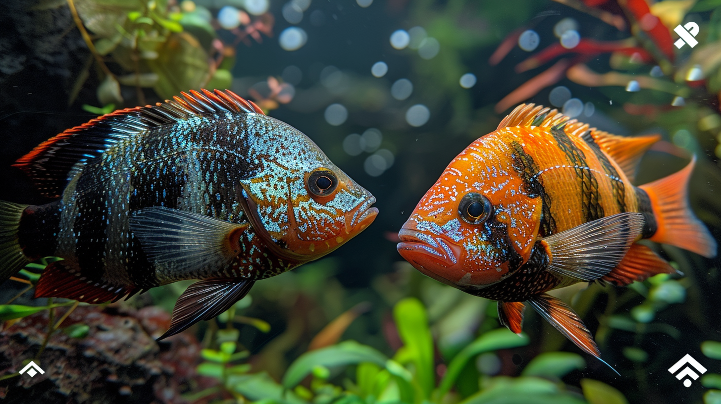 Two colorful fish facing each other underwater. One is an Oscar Fish, black with blue and red markings, while the other is orange with black stripes. Aquatic plants and bubbles decorate the background, creating a vibrant underwater scene.
