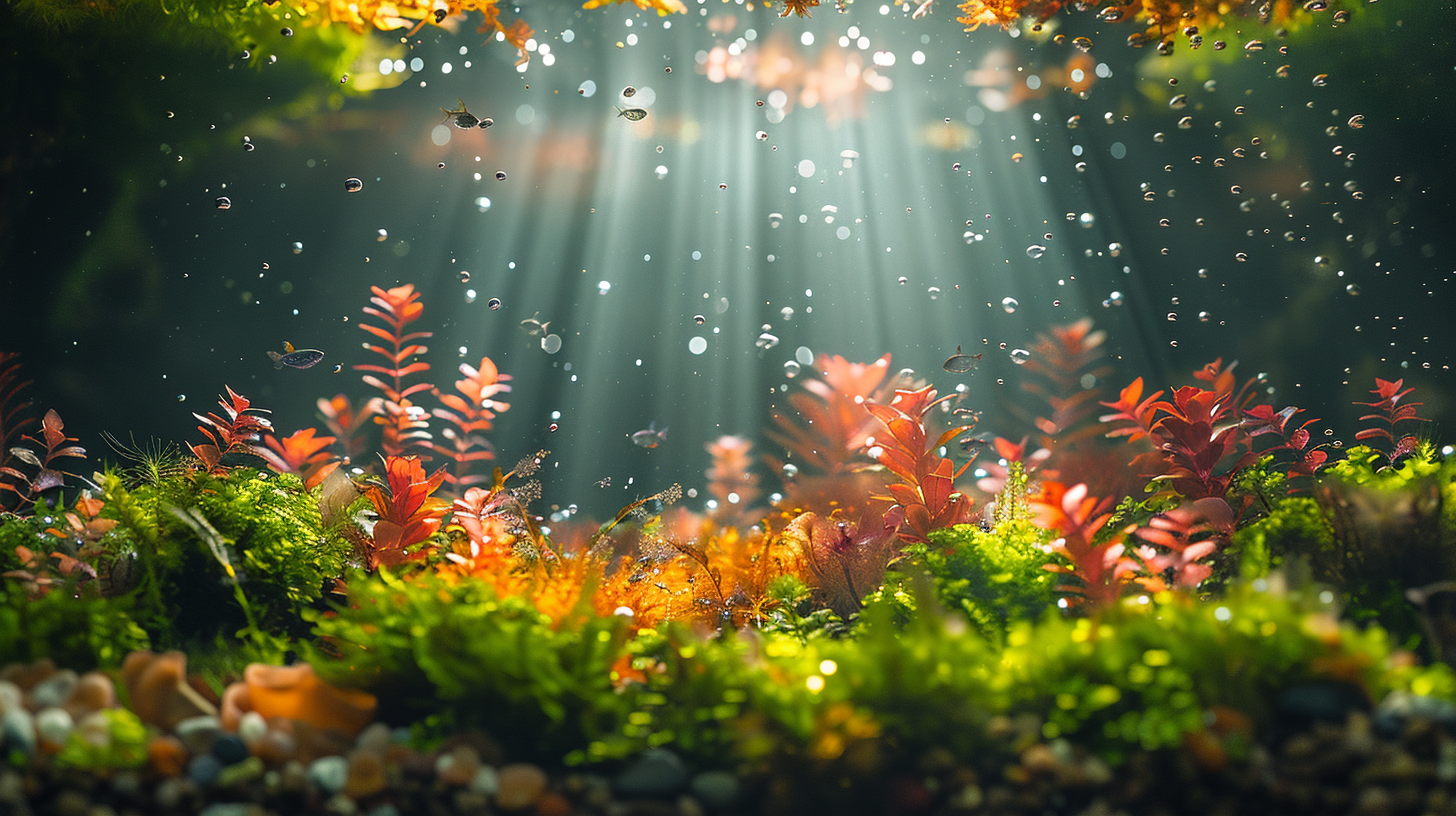 Underwater scene with various plants and rocks, illuminated by sun rays penetrating the water surface. Small bubbles are rising, creating a serene and vibrant aquatic environment where you might wonder, what do scuds eat?