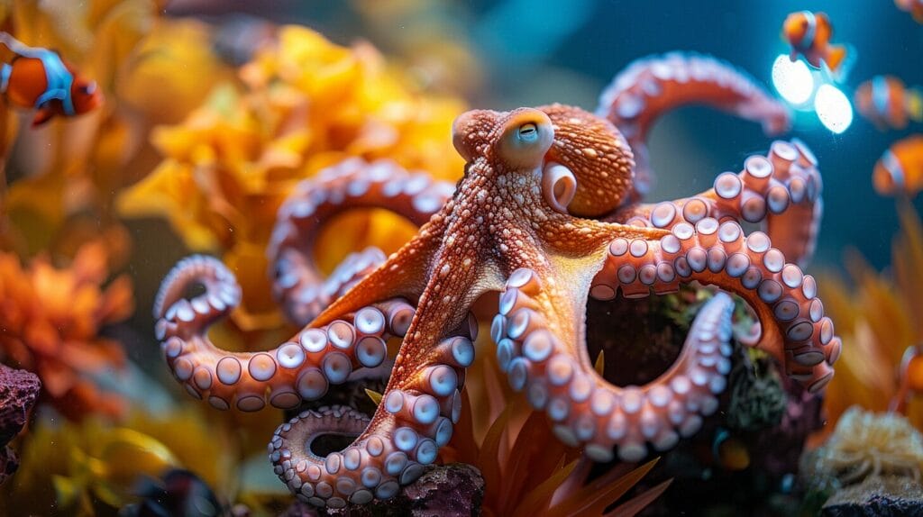 Agile octopus slipping through crack, chasing colorful fish.