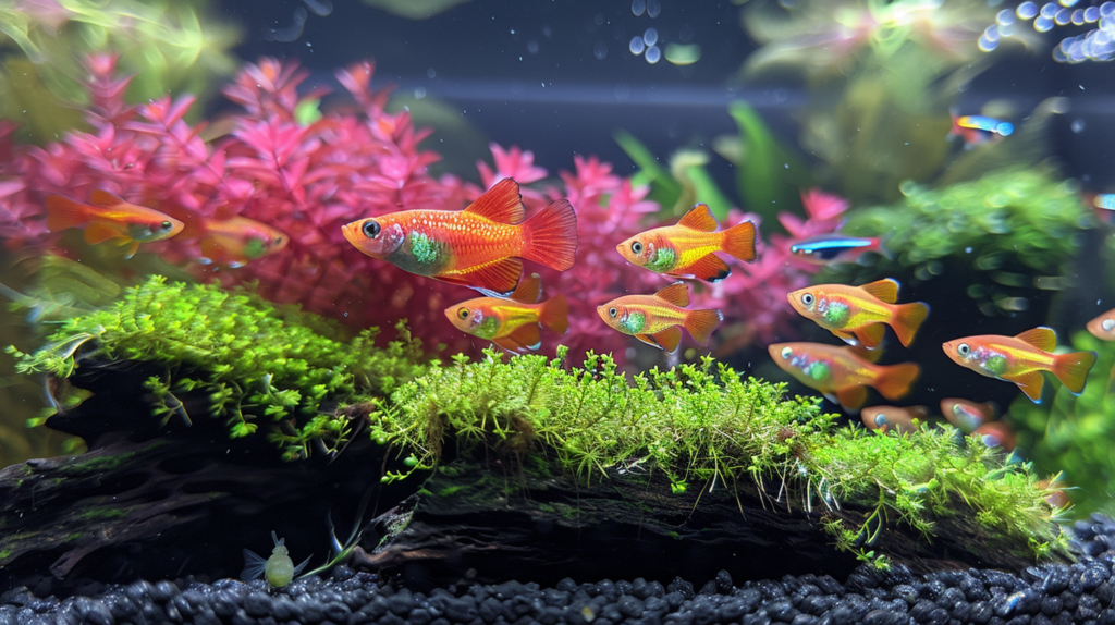 An image of a vibrant community tank with female Betta fish swimming peacefully alongside compatible tank mates like neon tetras, cherry barbs, and ghost shrimp.