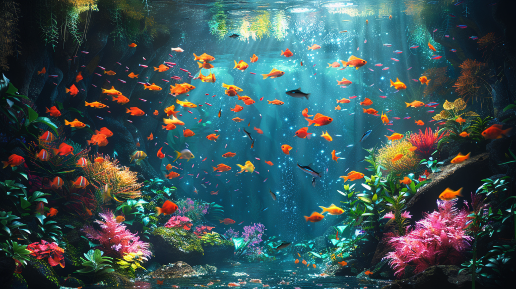 An image of a vibrant community tank with female Betta fish swimming peacefully among colorful schooling fish, lush green plants and driftwood.