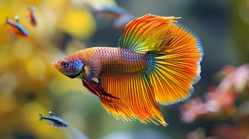An image showcasing a vibrant female Betta fish swimming peacefully with compatible tank mates and live plants in a clean, well-maintained aquarium.
