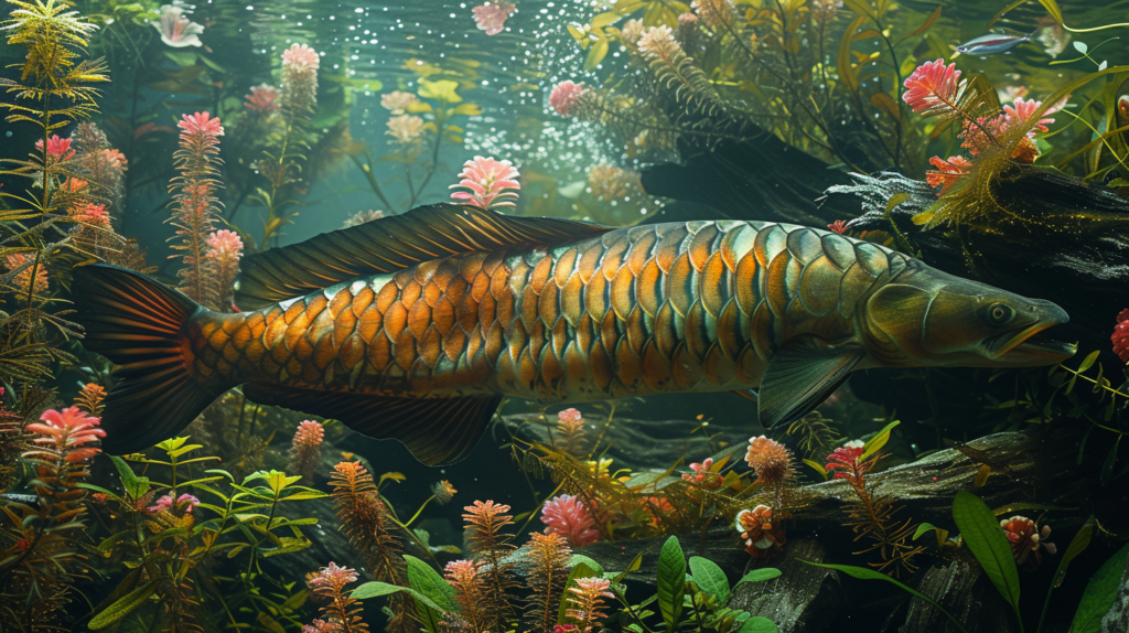 Arapaima in a large, well-planted aquarium with UV sterilizer, filtration system, and a separate quarantine tank emphasizing cleanliness and disease prevention.