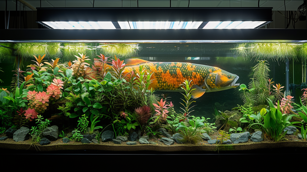 Arapaima in a spacious tank, with a variety of fish foods floating towards it and a feeding schedule on the tank wall.