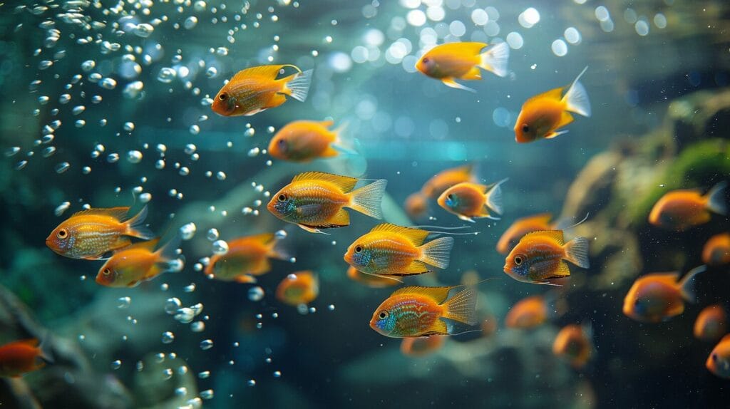 Betta fish in foamy tank with stressed inhabitants