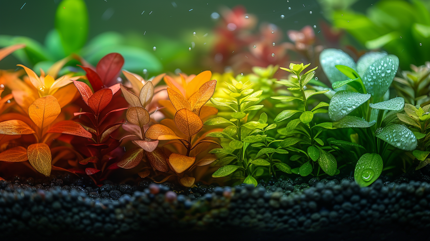 Colorful aquatic plants in varying shades of green, yellow, and red grow in a freshwater aquarium setting with water droplets and a rocky substrate. For more inspiration, see our comprehensive freshwater aquarium plants list with pictures.