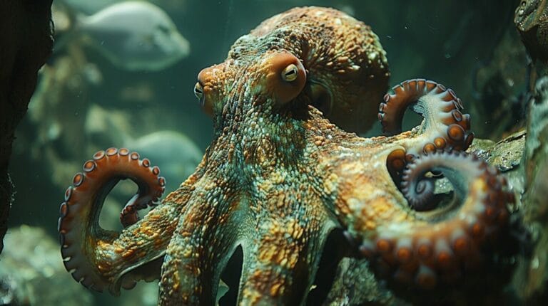 A close-up image of an octopus underwater with curled tentacles and textured skin, reminiscent of tales where an octopus escapes a tank to eat fish. Other marine life is blurry in the background.