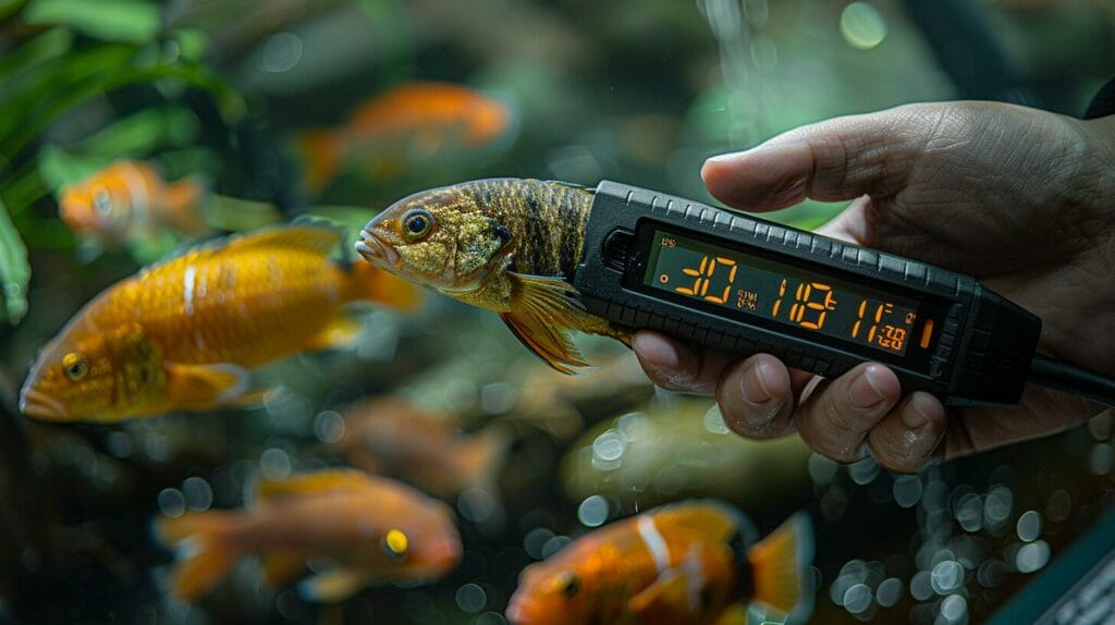 Digital thermometer in cichlid tank with hand adjusting heater for ideal temperature.