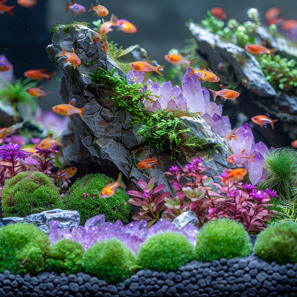 Fish tank with amethyst crystals and moss balls