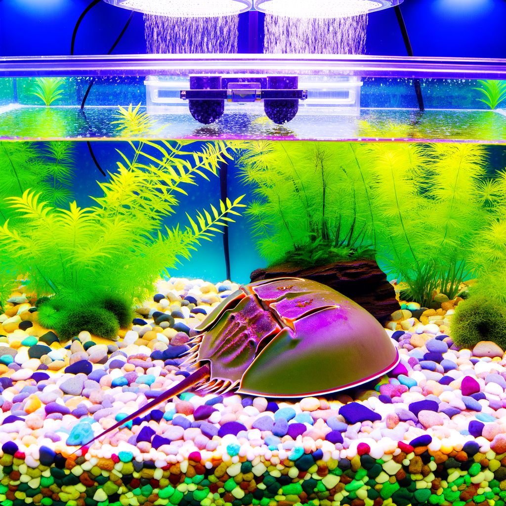 Horseshoe crab tank with clear water, aquatic plants, and advanced filtration and temperature control.