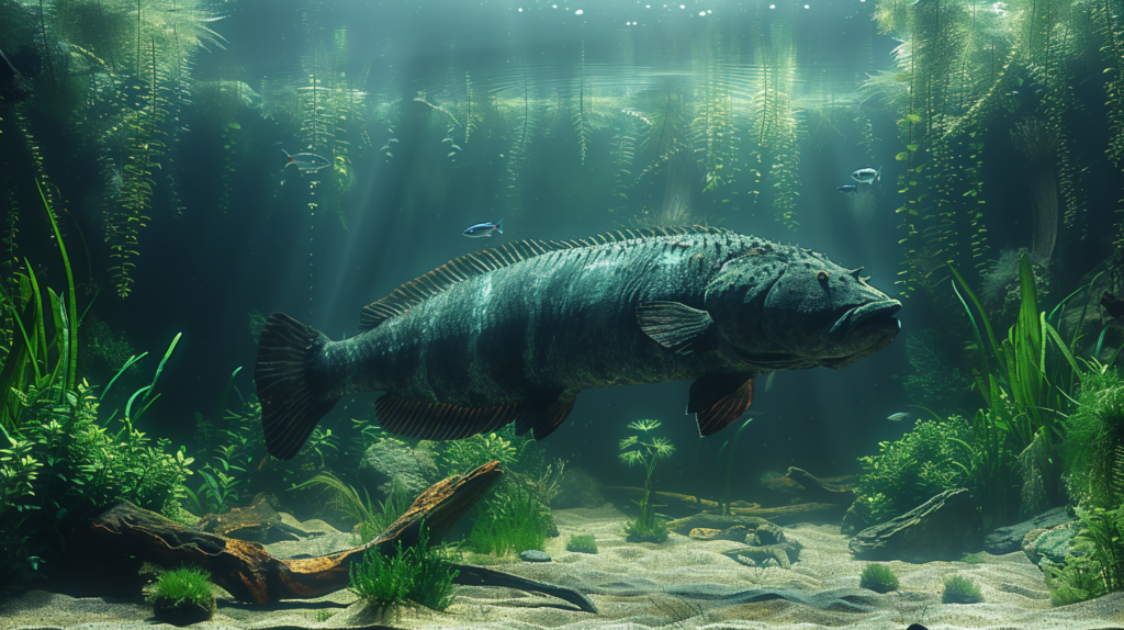 Arapaima Fish Tank featuring the Majestic Arapaima swimming in a serene aquarium with lush plants, detailed substrates, hinting at Amazon River's biodiversity.