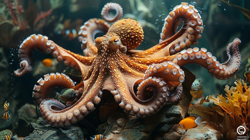 Octopus grabbing fish, startled fish, detailed tank.