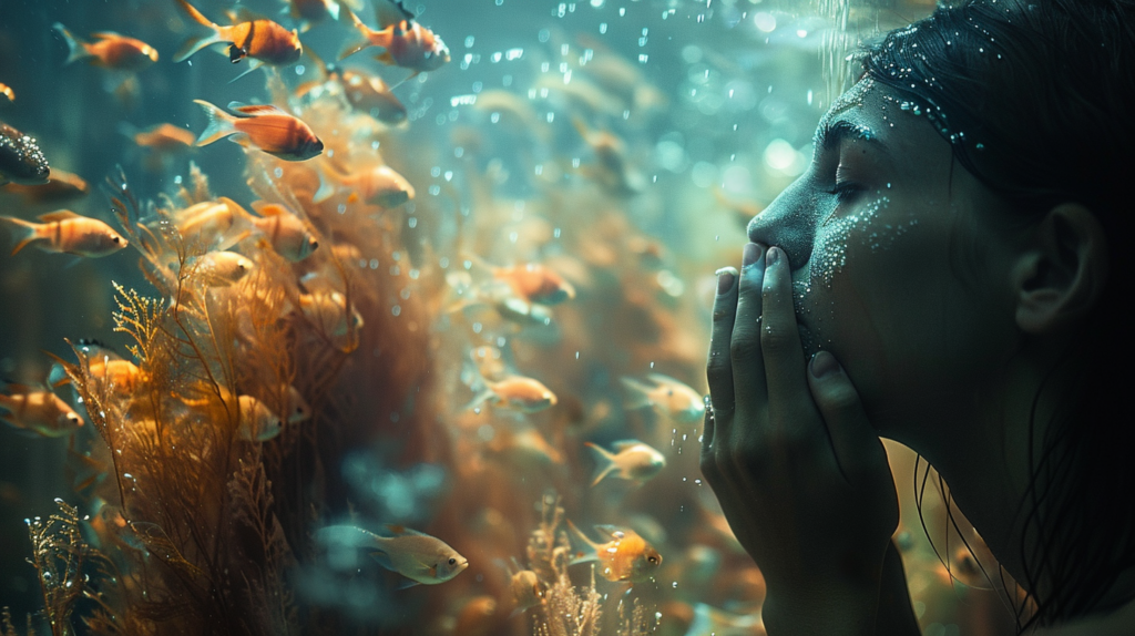 Person holding nose next to fish tank with murky water, algae growth, unpleasant odor.