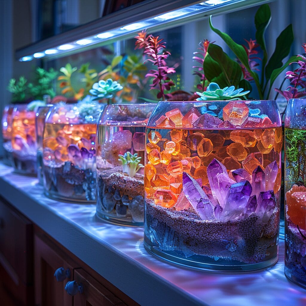 Serene fish tank with shimmering crystals