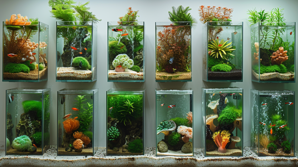 Sleek, black metal aquarium stand, rectangular tank, colorful fish and plants.
