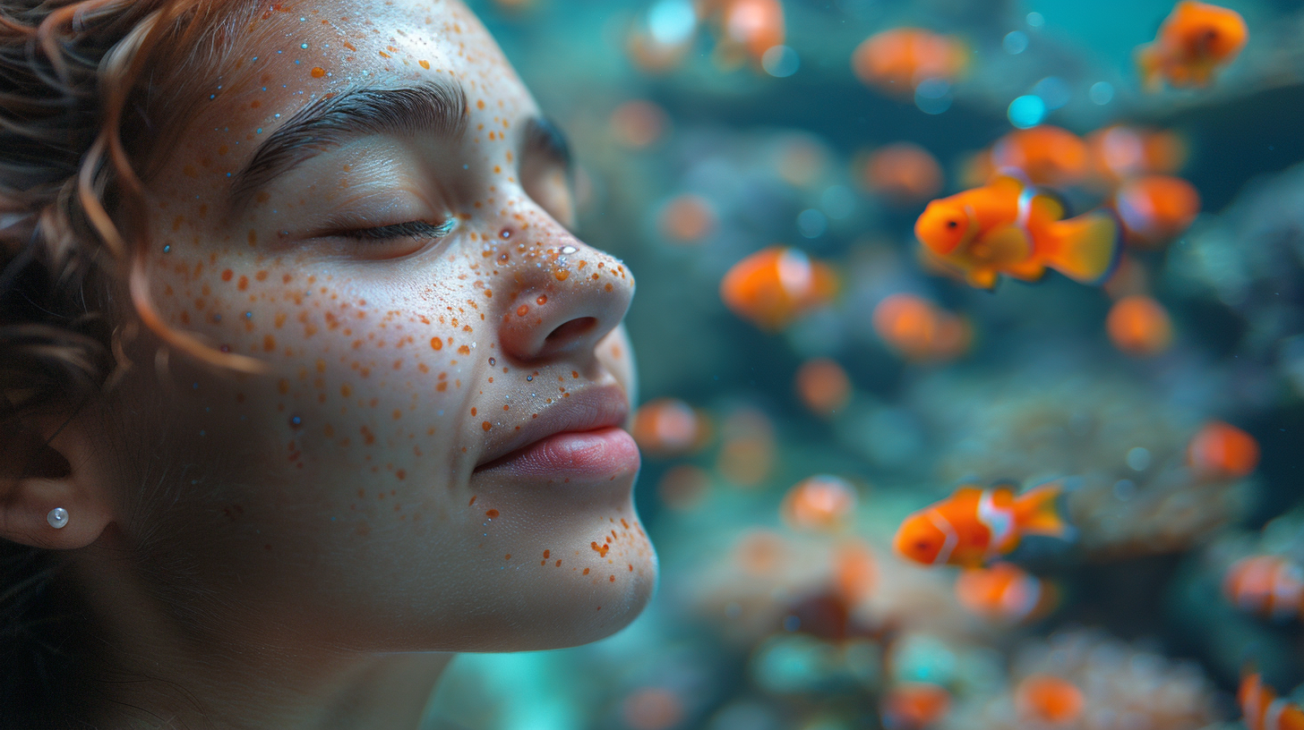 A person with closed eyes is underwater surrounded by small orange fish, the water clear and pristine. Amongst the vibrant coral and marine life, one might wonder: Do fish tanks smell like the oceanic paradise unfolding before them?