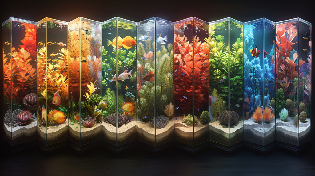 Fish Tank Shapes featuring a Spectrum of fish tank shapes, rectangular to hexagonal to cylindrical.