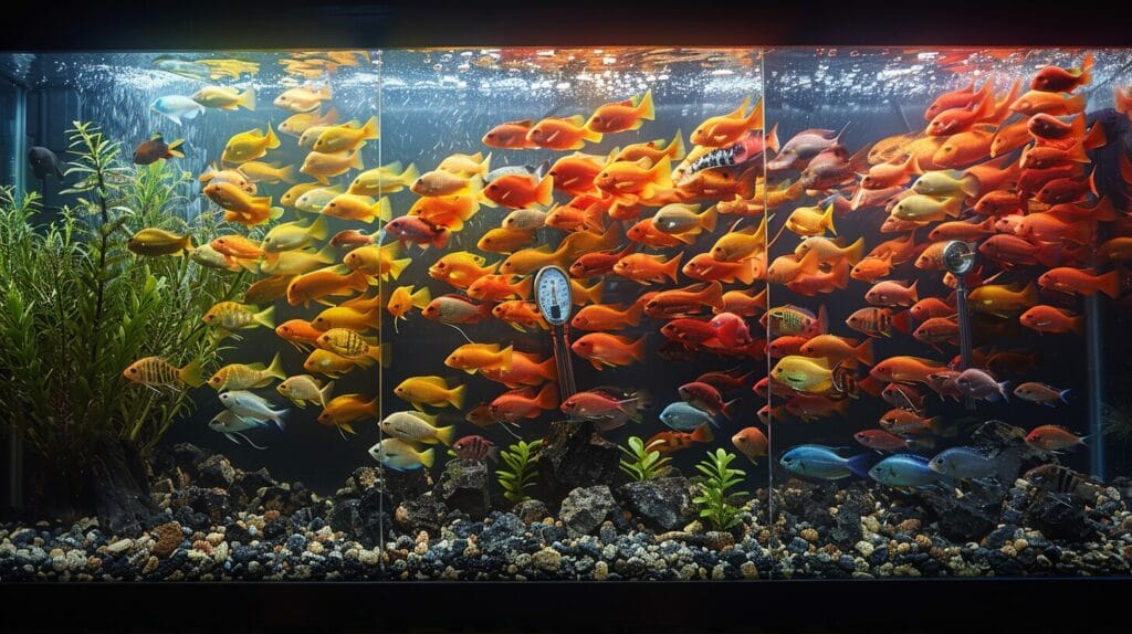 Tank divided for different African cichlids with optimal temperature ranges and thermometer.
