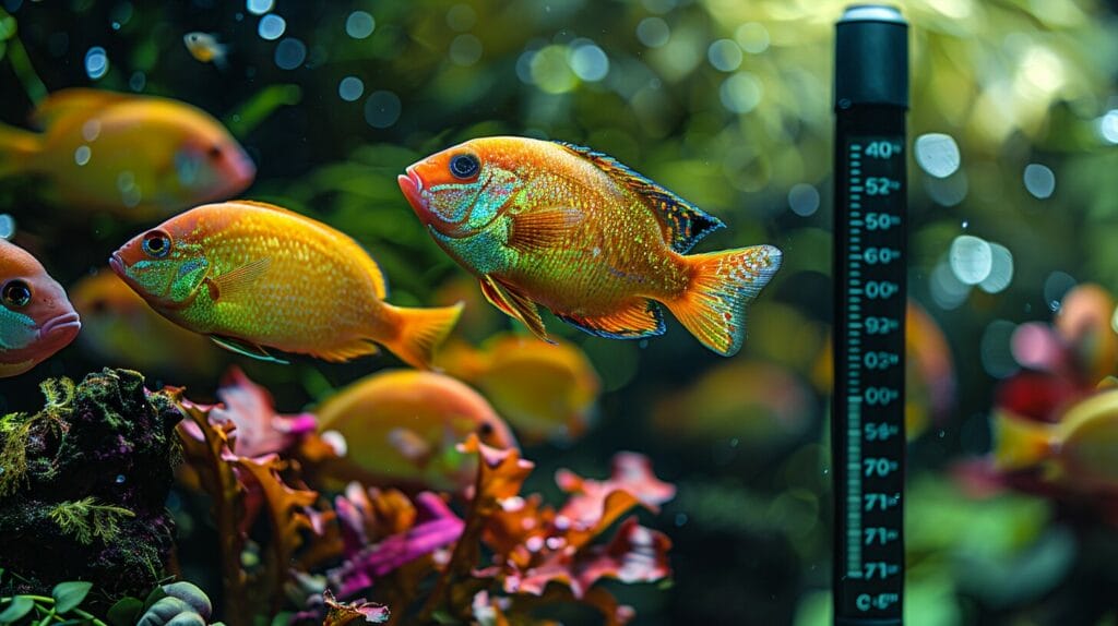Cichlid Fish Tank Temperature featuring a Thermometer in African Cichlid tank showing 76-82°F with colorful fish.