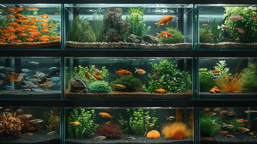 Various fish tank shapes, rectangle, cylinder, bow front, purchasing factors.