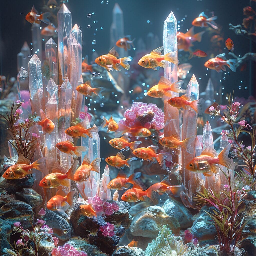 Vibrant fish and crystals in serene fish tank