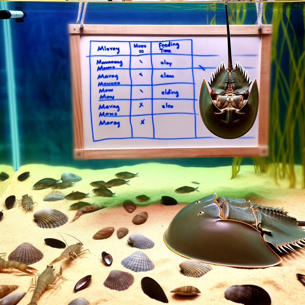 Vibrant horseshoe crab tank with clams, mussels, shrimp, and feeding schedule chart.