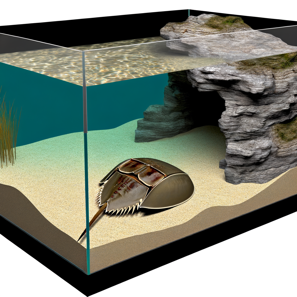 Well-designed horseshoe crab tank with sandy substrate, rocky cave, and gentle water filter.