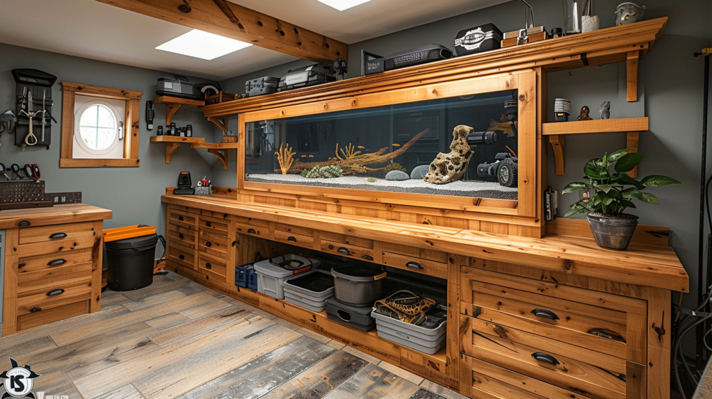Wooden aquarium stand with shelves, decorative carpentry.