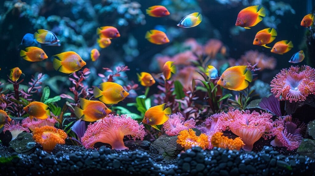 75 gallon fish tank with colorful fauna and flora under sleek LED lighting in room.
