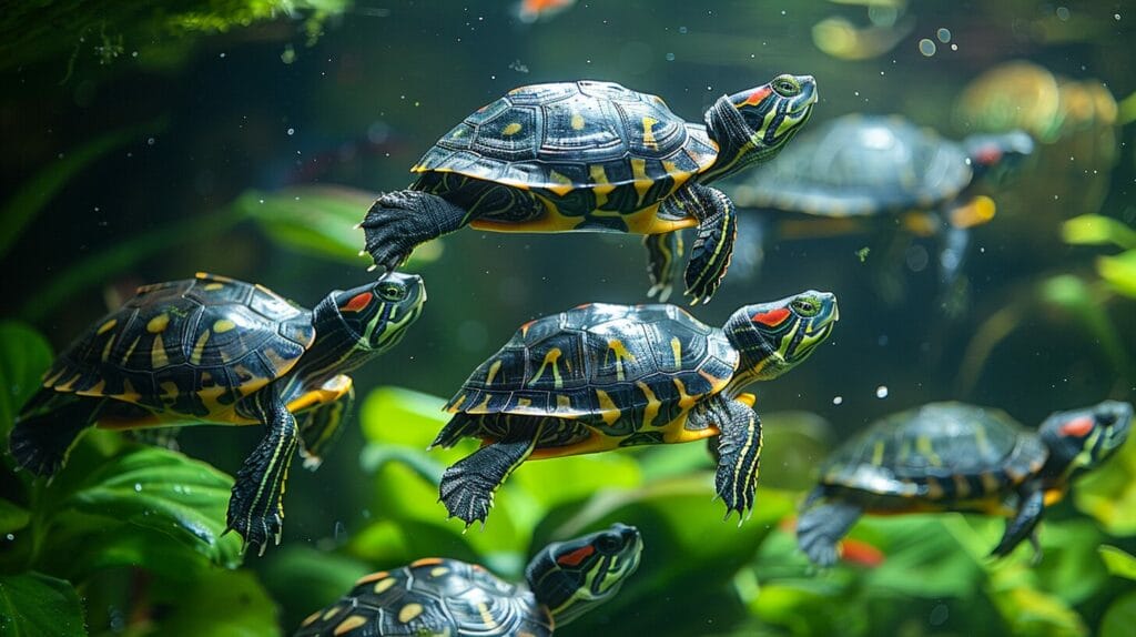 A visual display of a diverse selection of aquatic turtles of varying sizes and colors in different types of habitats.