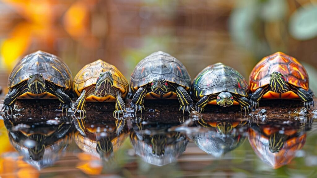 A visual representation of different pet water turtle species, including Red-Eared Sliders, Painted Turtles, and Map Turtles.