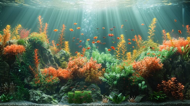 An image of a colorful and diverse aquarium filled with various fish species and plants.