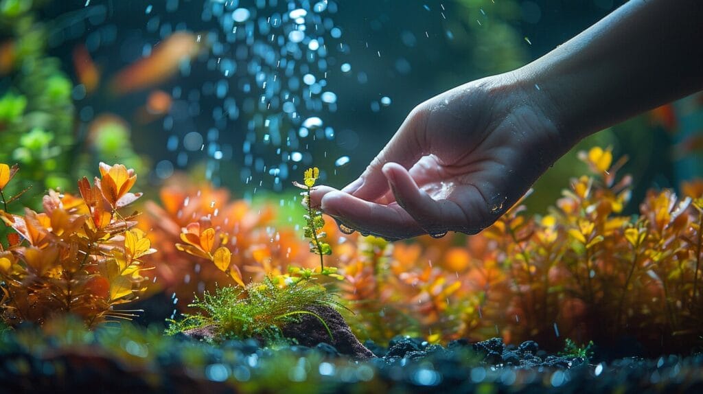 An image of a hand adjusting a pH testing kit in a tranquil aquarium setting.