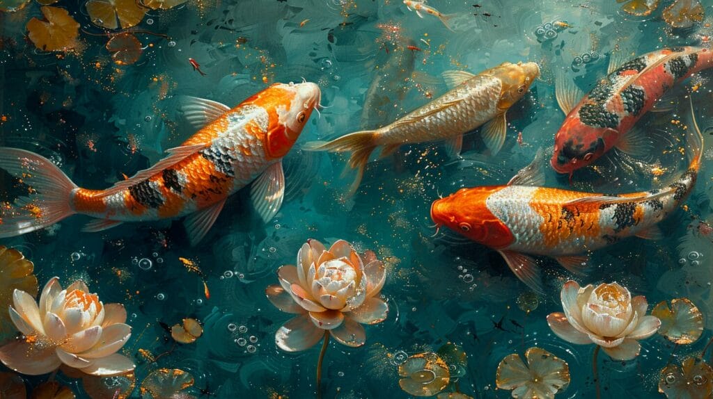 An image of a luxurious koi pond filled with vibrant, rare koi fish, their unique patterns and colors highlighted to showcase their beauty and value.