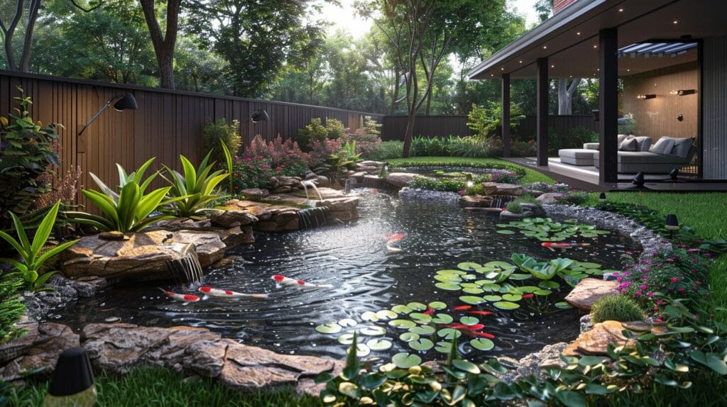 An image of a luxurious koi pond with advanced filtration systems and UV lights, showcasing expensive koi fish swimming gracefully, with a focus on the intricate landscaping and maintenance details.