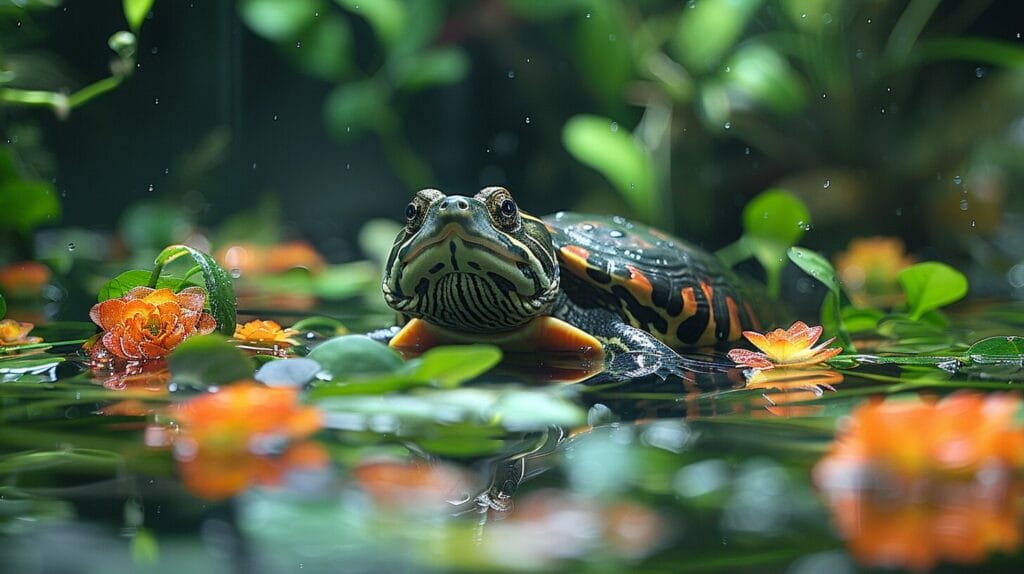An image of a red-eared slider turtle basking under a UV lamp within a large aquarium, surrounded by water plants and a basking dock.