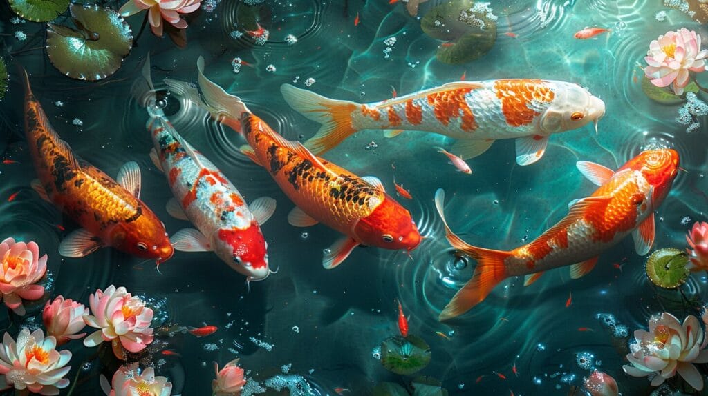 An image of a serene backyard pond filled with colorful, shimmering koi fish, surrounded by lush greenery, emphasizing the intricate breeding techniques and meticulous care in koi breeding.