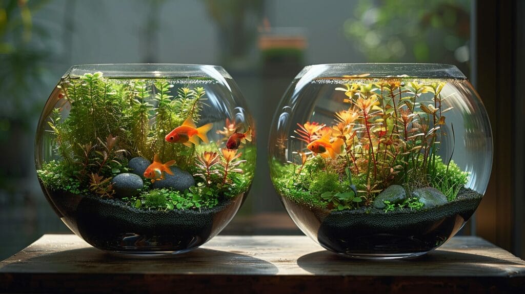 An image of two aquariums side by side, one with soft water and the other with hard water, showcasing differences in plant growth and fish behavior.