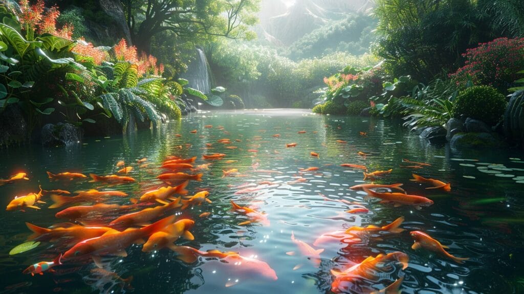 An image showcasing a luxurious koi pond filled with vibrant, rare koi fish swimming gracefully, their intricate patterns and colors highlighted to illustrate their high value.