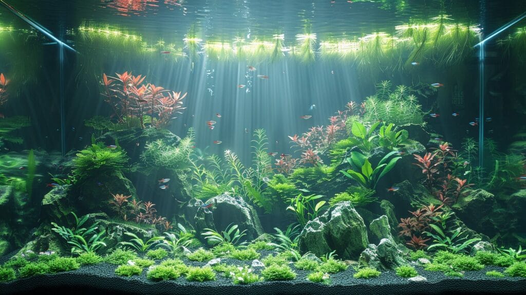 Aquarium with hiding spots and suitable substrate