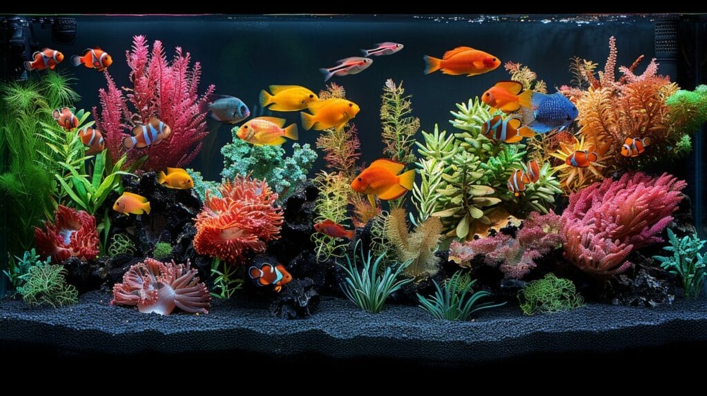 Aquarium with vibrant fish, green plants, and contrasting black sand.