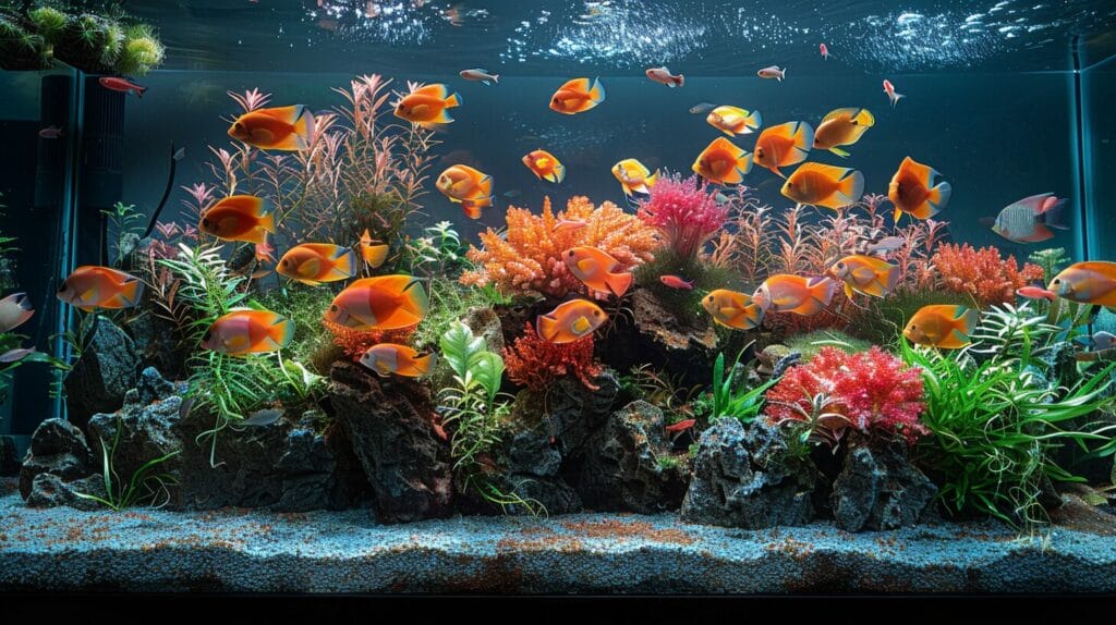 Beautifully decorated 75 gallon reef tank with colorful coral, fish, and plants.