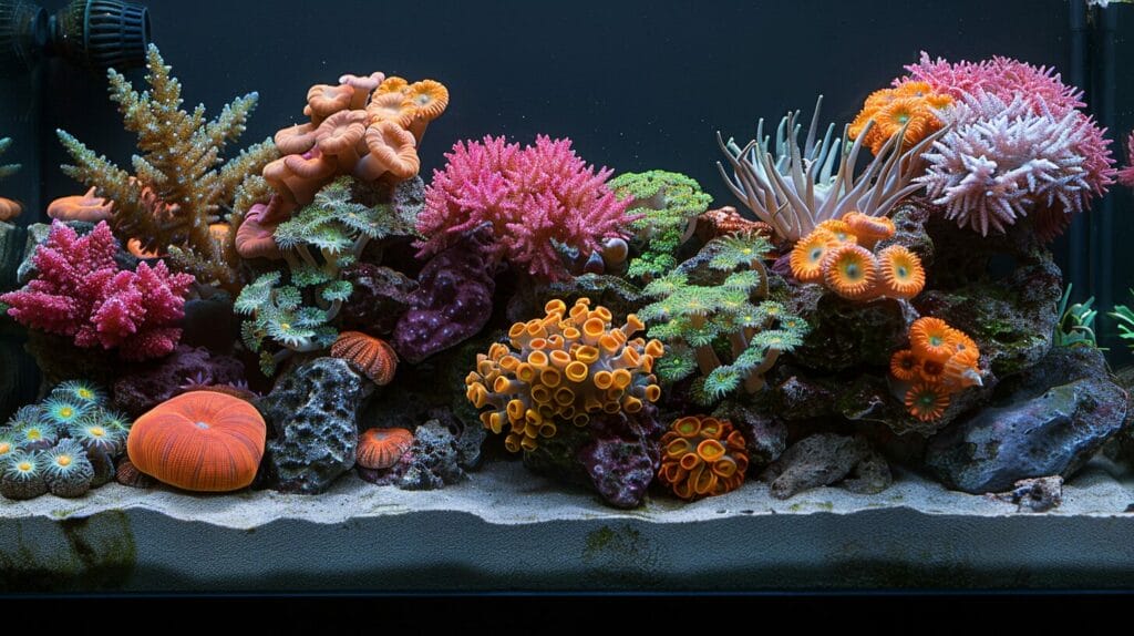 Beginner-friendly coral tank with hardy corals, well-maintained with proper lighting and minimal algae.