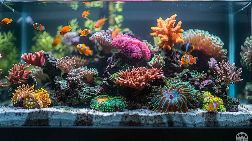 Bio media in crystal-clear reef tank with coral and fish.